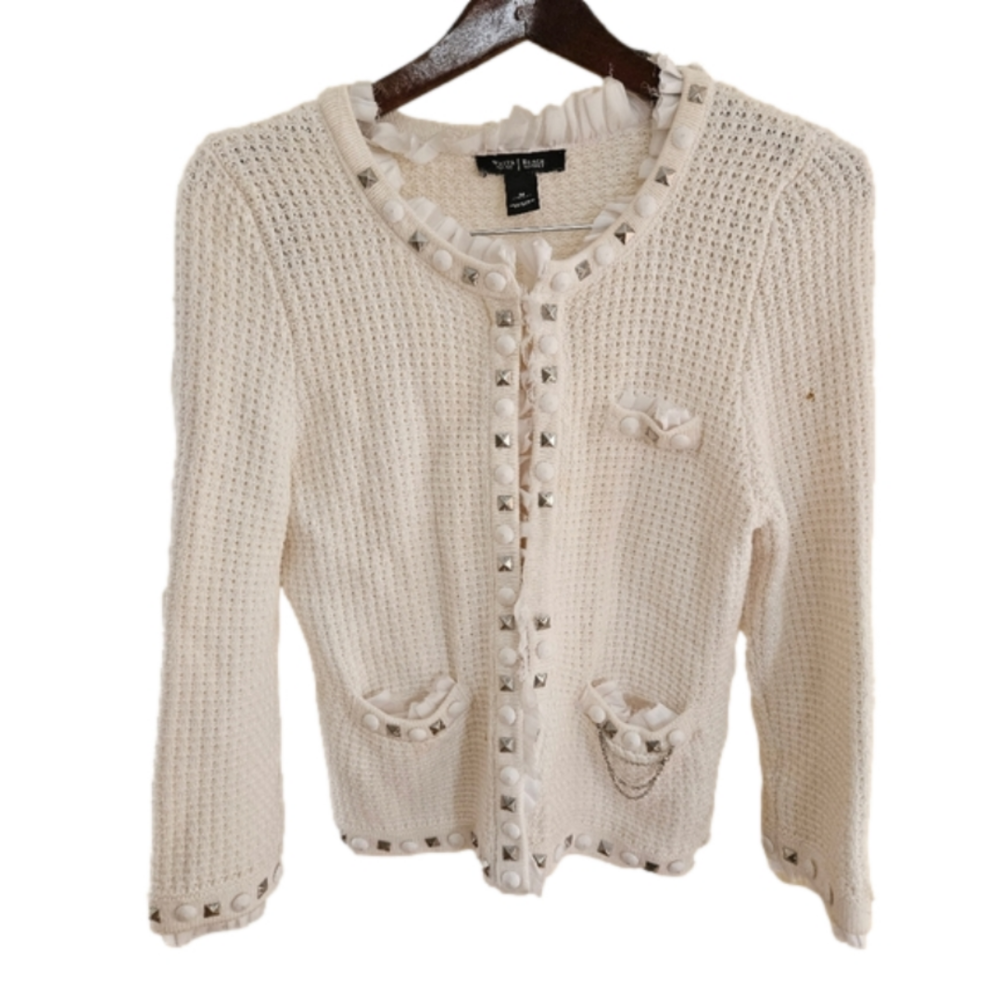 White House Black Market Cream Ruffle/Jewel Detail  Sweater Cardigan-Size Medium - Picture 1 of 12